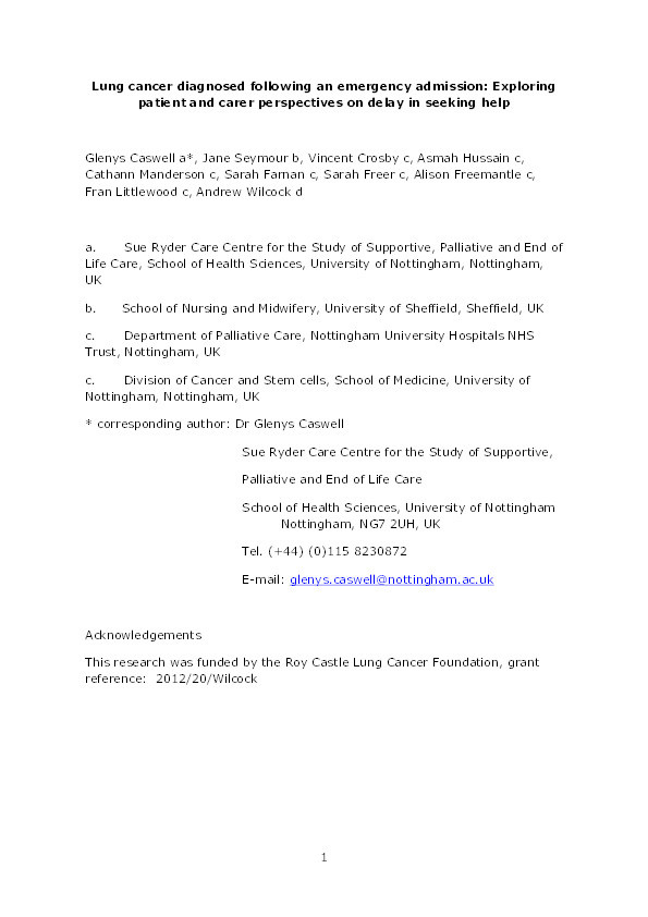 Lung cancer diagnosed following an emergency admission: exploring patient and carer perspectives on delay in seeking help Thumbnail