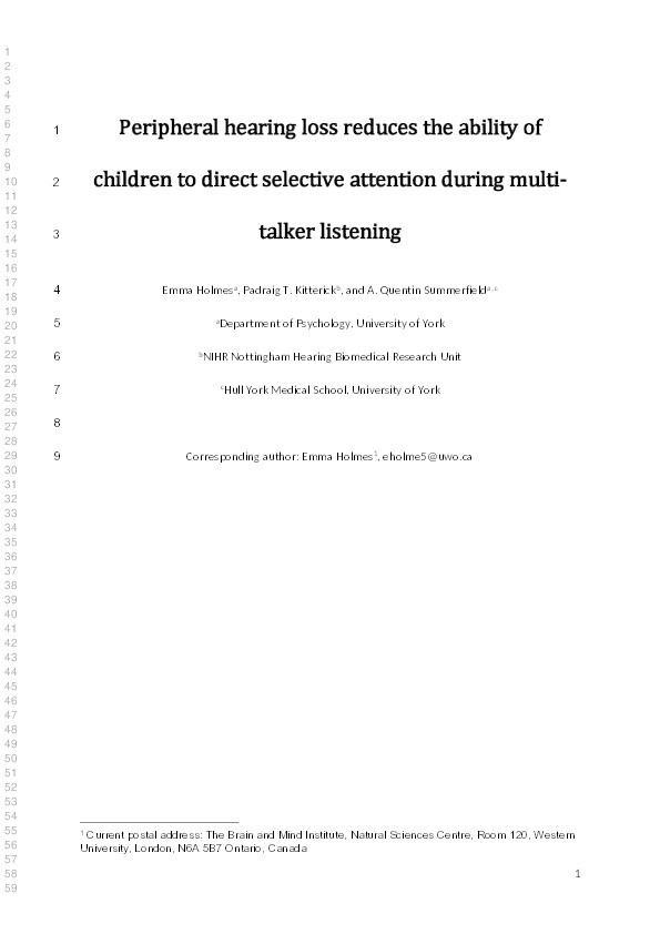 Peripheral hearing loss reduces the ability of children to direct selective attention during multi-talker listening Thumbnail