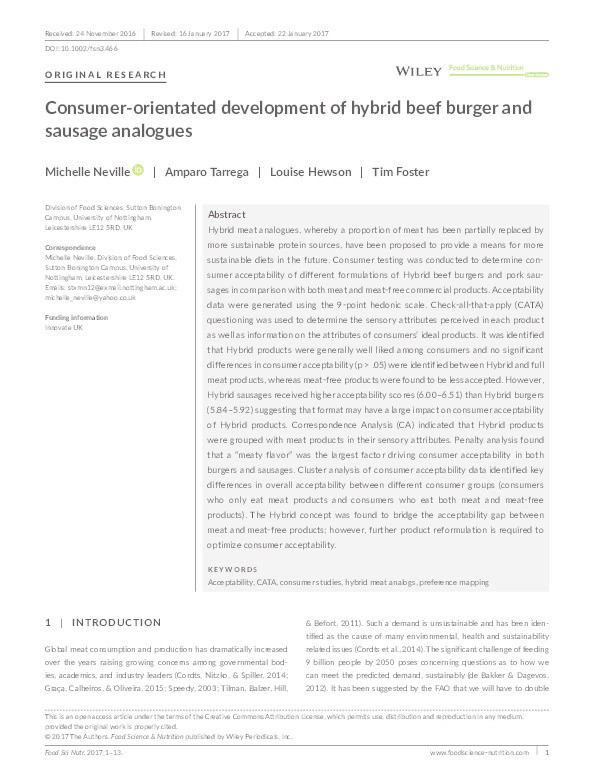 Consumer-orientated development of hybrid beef burger and sausage analogues Thumbnail