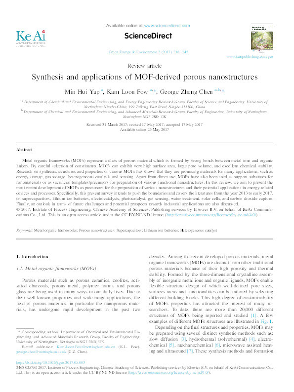 Synthesis and applications of MOF-derived porous nanostructures Thumbnail