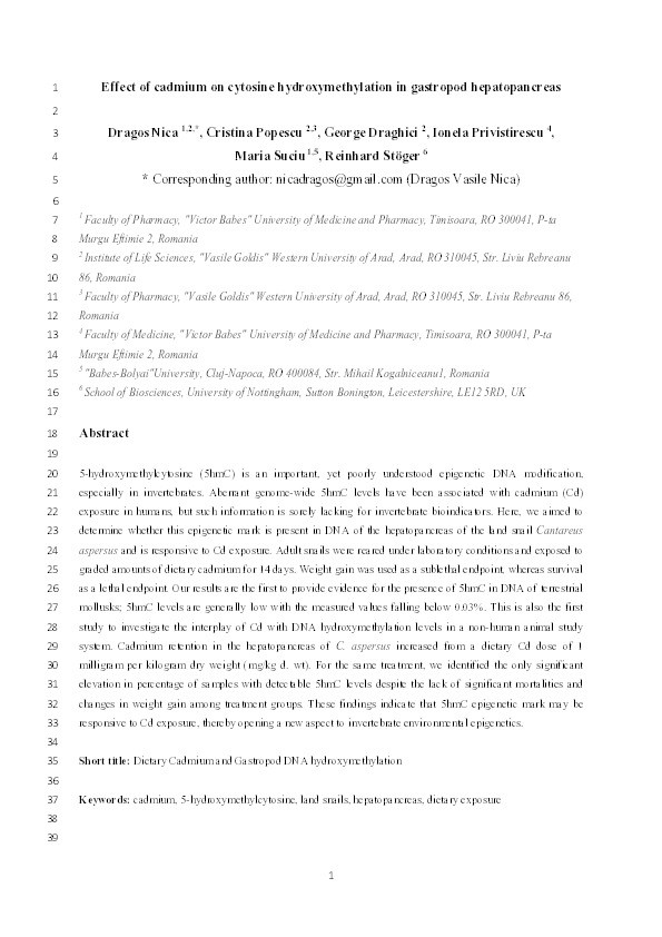 Effect of cadmium on cytosine hydroxymethylation in gastropod hepatopancreas Thumbnail