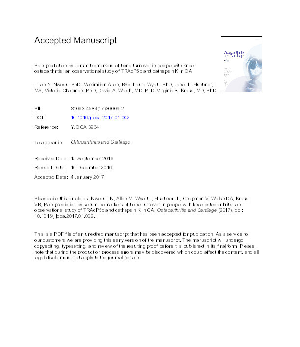 Pain prediction by serum biomarkers of bone turnover in people with knee osteoarthritis: an observational study of TRAcP5b and cathepsin K in OA Thumbnail