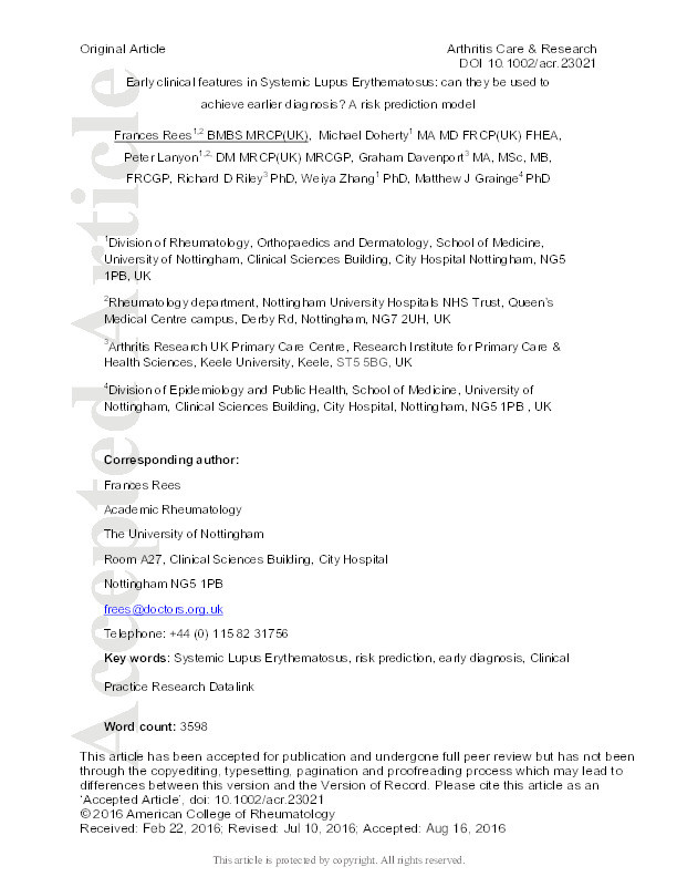 Early clinical features in Systemic Lupus Erythematosus: can they be used to achieve earlier diagnosis?: a risk prediction model Thumbnail