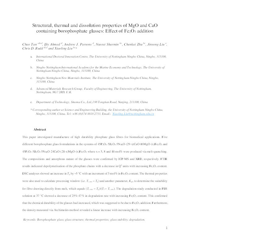 Structural, thermal and dissolution properties of MgO- and CaO-containing borophosphate glasses: effect of Fe2O3 addition Thumbnail