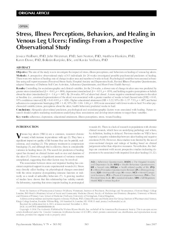 Stress, illness perceptions, behaviours and healing in venous leg ulcers: findings from a prospective observational study Thumbnail
