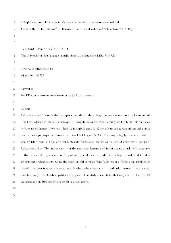 A TaqMan real-time PCR assay for Rhizoctonia cerealis and its use in wheat and soil Thumbnail