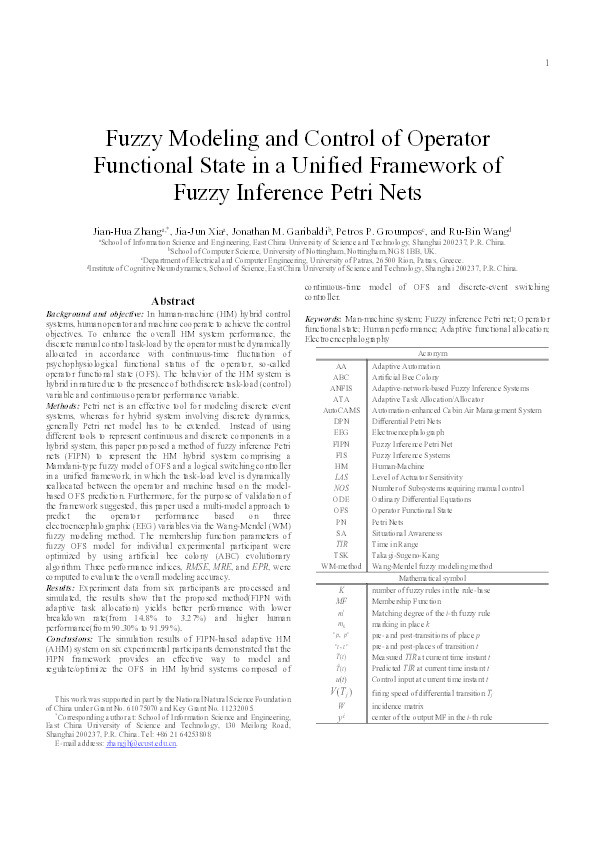 Modeling and control of operator functional state in a unified framework of fuzzy inference petri nets Thumbnail