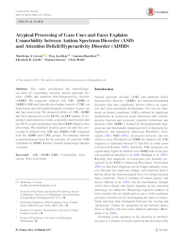 Atypical processing of gaze cues and faces explains comorbidity between autism spectrum disorder (ASD) and attention deficit/hyperactivity disorder (ADHD) Thumbnail