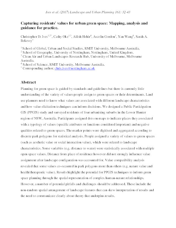 Capturing residents’ values for urban green space: Mapping, analysis and guidance for practice Thumbnail