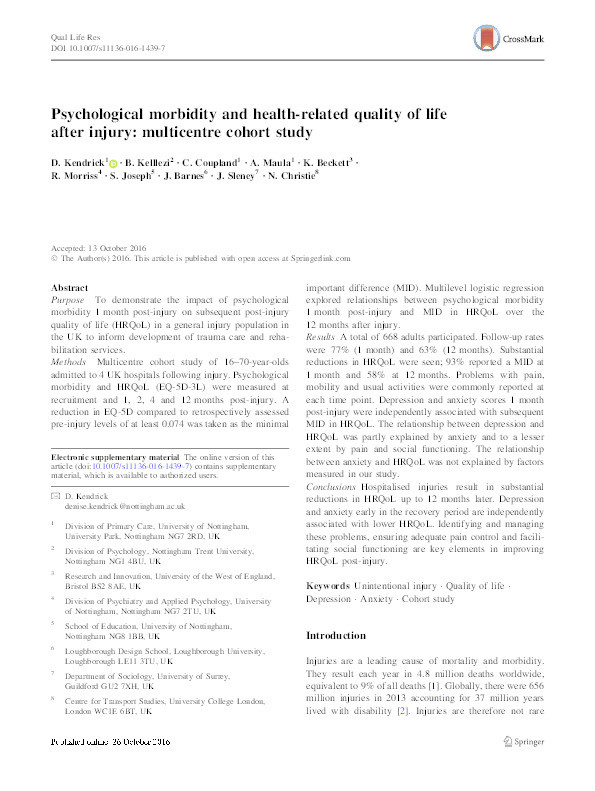 Psychological morbidity and health related quality of life after injury: multicentre cohort study Thumbnail