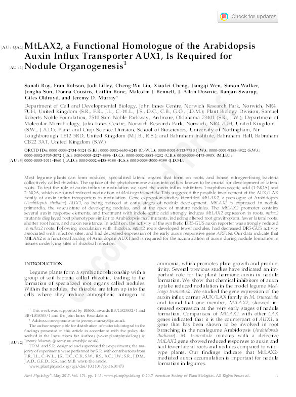 MtLAX2, a functional homologue of the Arabidopsis auxin influx transporter AUX1, is required for nodule organogenesis Thumbnail