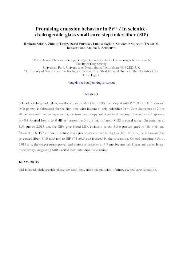 Promising emission behavior in Pr 3+ /In selenide-chalcogenide-glass small-core step index fiber (SIF) Thumbnail