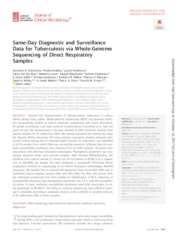 Same-day diagnostic and surveillance data for tuberculosis via whole genome sequencing of direct respiratory samples Thumbnail