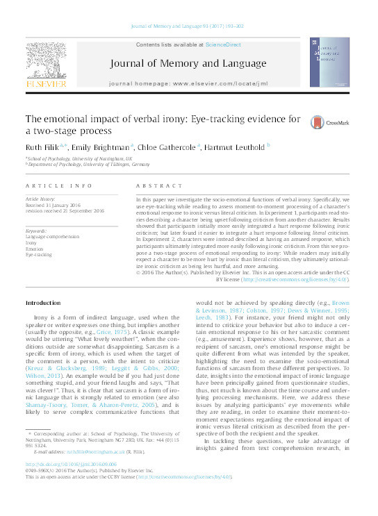 The emotional impact of verbal irony: eye-tracking evidence for a two-stage process Thumbnail