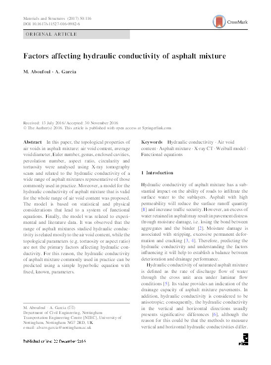 Factors affecting hydraulic conductivity of asphalt mixture Thumbnail
