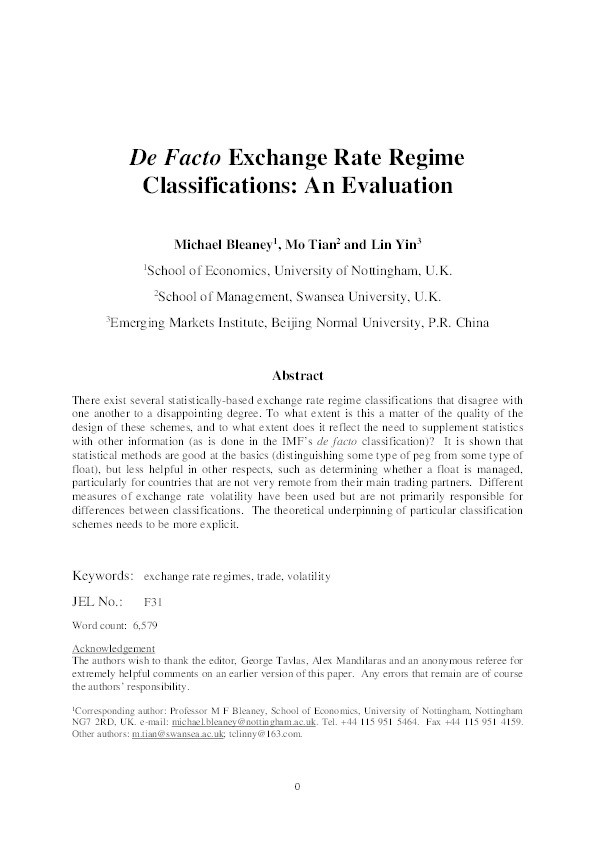De facto exchange rate regime classifications: an evaluation Thumbnail