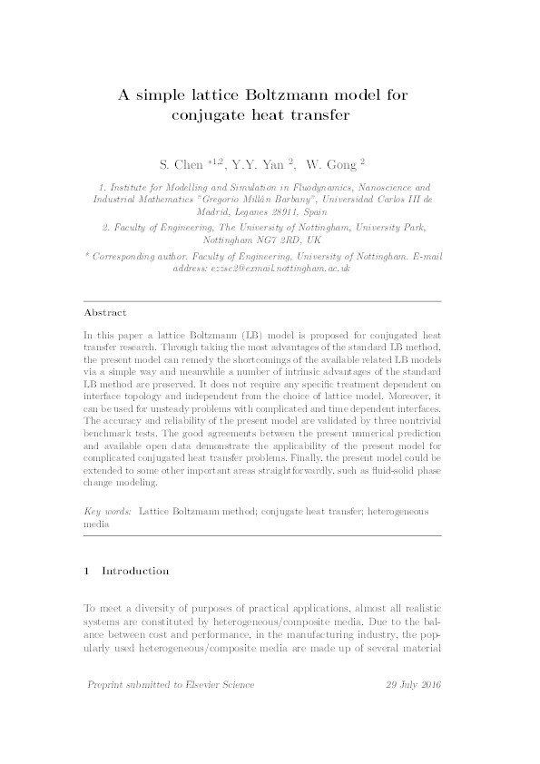 A simple lattice Boltzmann model for conjugate heat transfer research Thumbnail