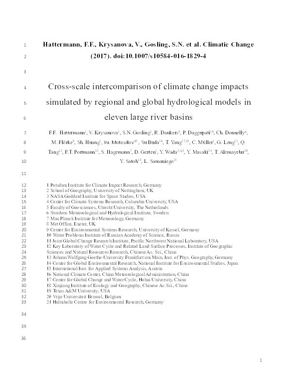 Cross‐scale intercomparison of climate change impacts simulated by regional and global hydrological models in eleven large river basins Thumbnail