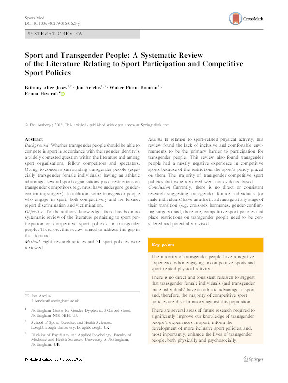 Sport and transgender people: a systematic review of the literature relating to sport participation and competitive sport policies Thumbnail