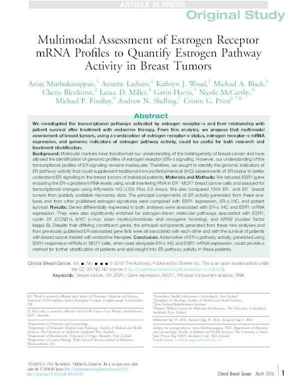 Multimodal assessment of estrogen receptor mRNA profiles to quantify estrogen pathway activity in breast tumors Thumbnail