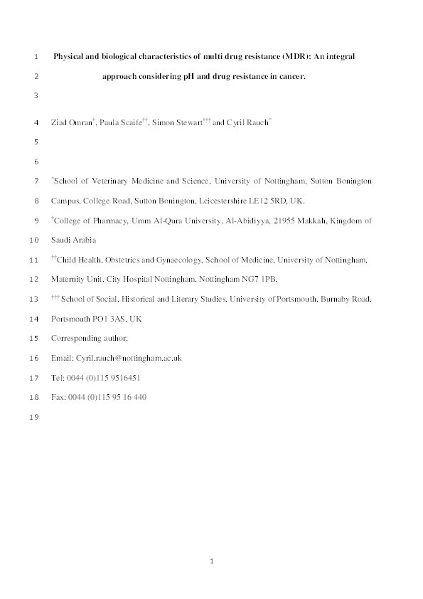 Physical and biological characteristics of multi drug resistance (MDR): an integral approach considering pH and drug resistance in cancer Thumbnail