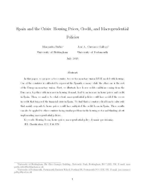 Spain and the crisis: housing prices, credit, and macroprudential policies Thumbnail