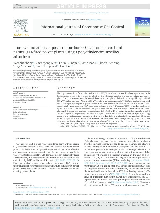Process simulations of post-combustion CO 2 capture for coal and natural gas-fired power plants using a polyethyleneimine/silica adsorbent Thumbnail