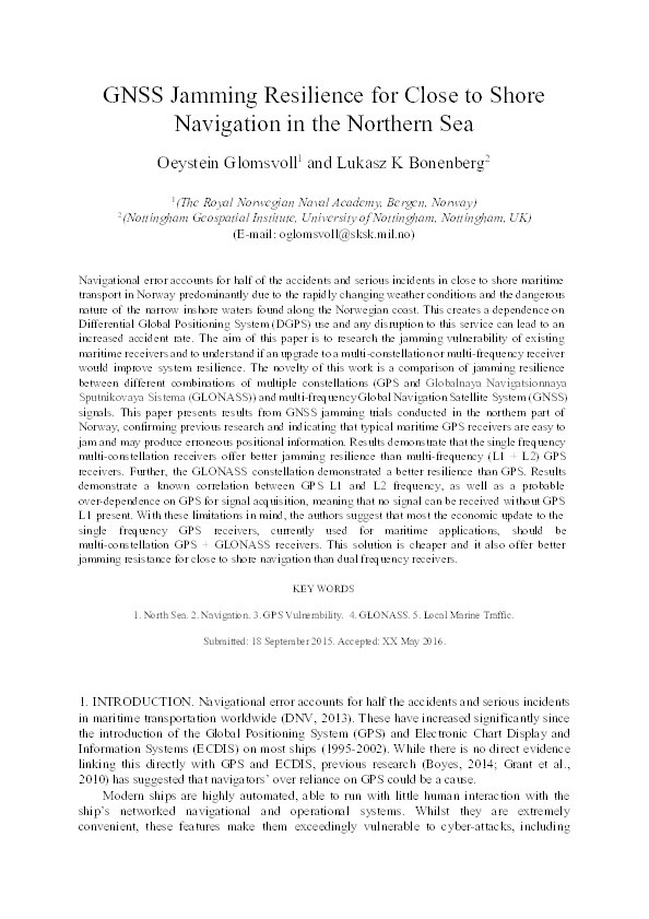 GNSS jamming resilience for close to shore navigation in the Northern Sea Thumbnail