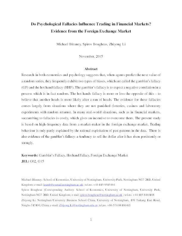 Do psychological fallacies influence trading in financial markets? Evidence from the foreign exchange market Thumbnail