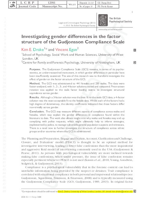 Investigating gender differences in the factor structure of the Gudjonsson Compliance Scale Thumbnail