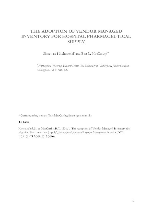 The adoption of vendor managed inventory for hospital pharmaceutical supply Thumbnail