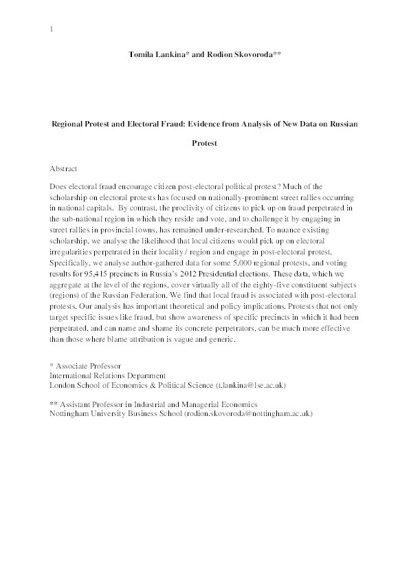Regional protest and electoral fraud: evidence from analysis of new data on Russian protest Thumbnail