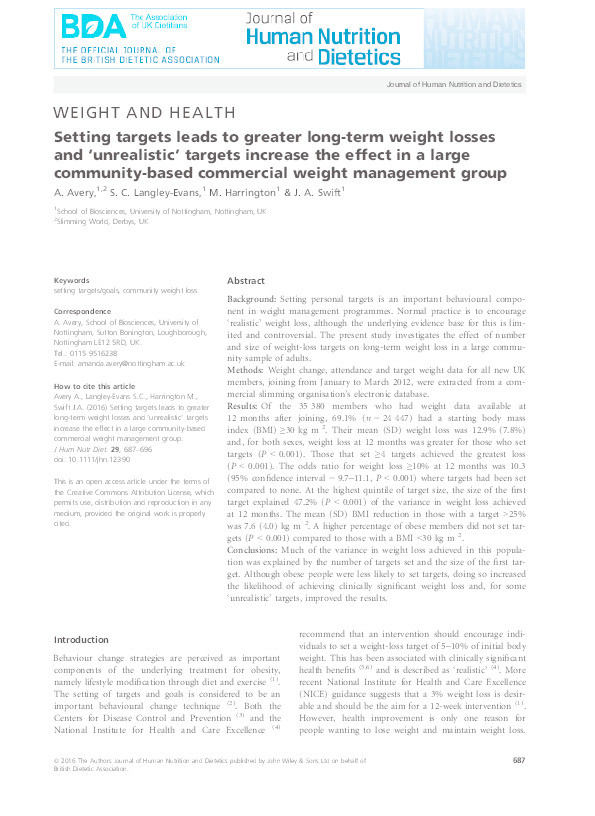 Setting targets leads to greater long-term weight losses and ‘unrealistic’ targets increase the effect in a large community-based commercial weight management group Thumbnail