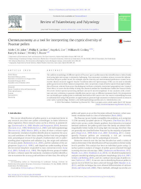 Chemotaxonomy as a tool for interpreting the cryptic diversity of Poaceae pollen Thumbnail