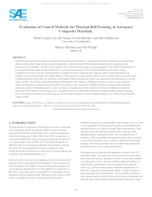 Evaluation of control methods for thermal roll forming of aerospace composite materials Thumbnail