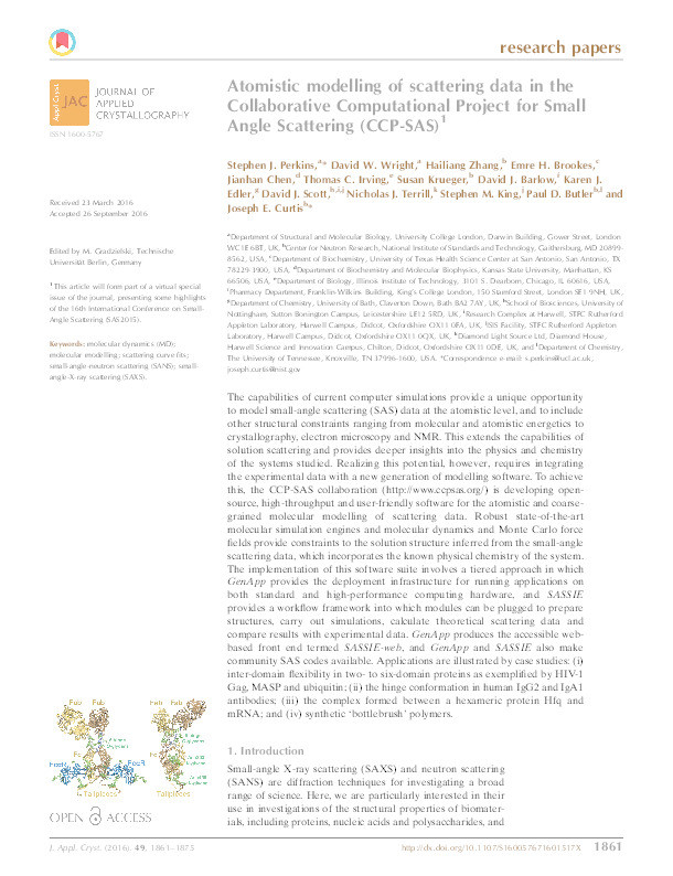 Atomistic modelling of scattering data in the Collaborative Computational Project for Small Angle Scattering (CCP-SAS) Thumbnail