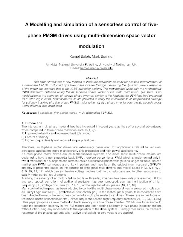 A modelling and simulation of a sensorless control of five-phase PMSM drives using multi-dimension space vector modulation Thumbnail