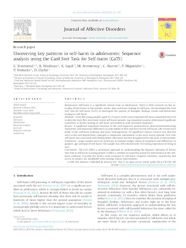 Uncovering key patterns in self-harm in adolescents: sequence analysis using the card sort task for self-harm (CaTS) Thumbnail