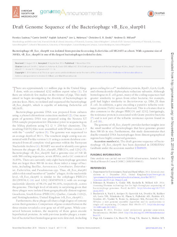 Draft genome sequence of the bacteriophage vB_Eco_slurp01. Thumbnail