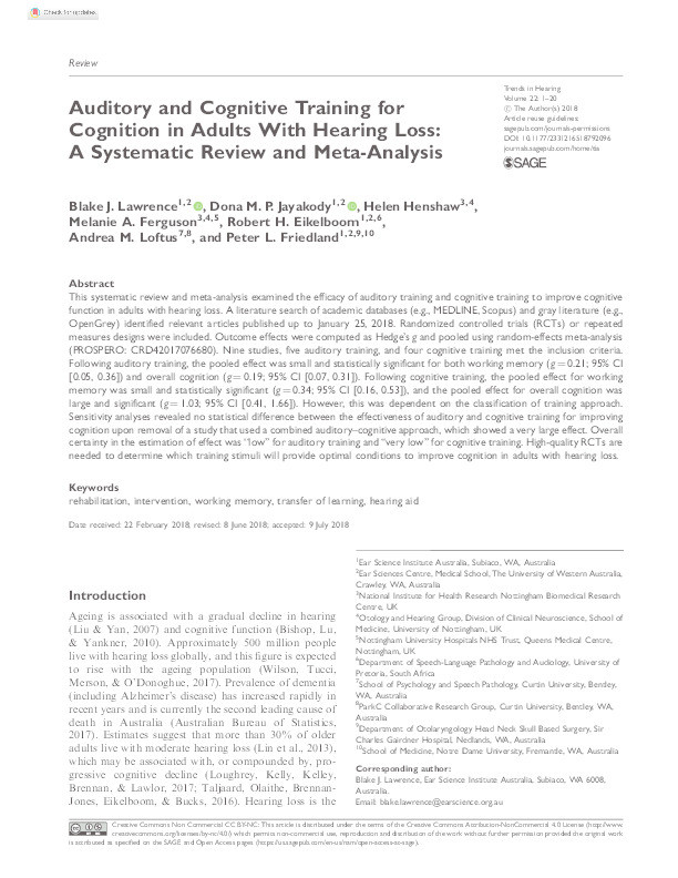 Auditory and cognitive training for cognition in adults with hearing loss: a systematic review and meta-analysis Thumbnail