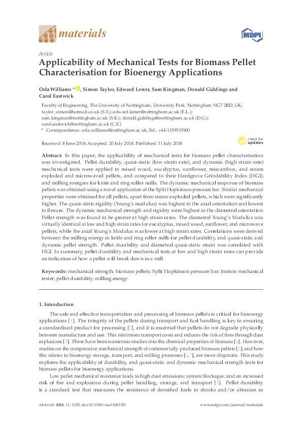 Applicability of mechanical tests for biomass pellet characterisation for bioenergy applications Thumbnail