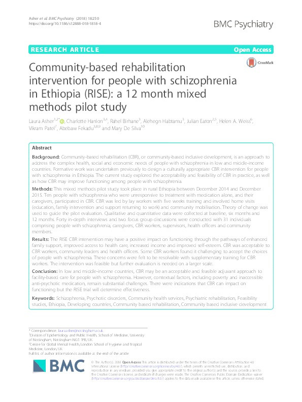 Community-based rehabilitation intervention for people with schizophrenia in Ethiopia (RISE): a 12 month mixed methods pilot study Thumbnail