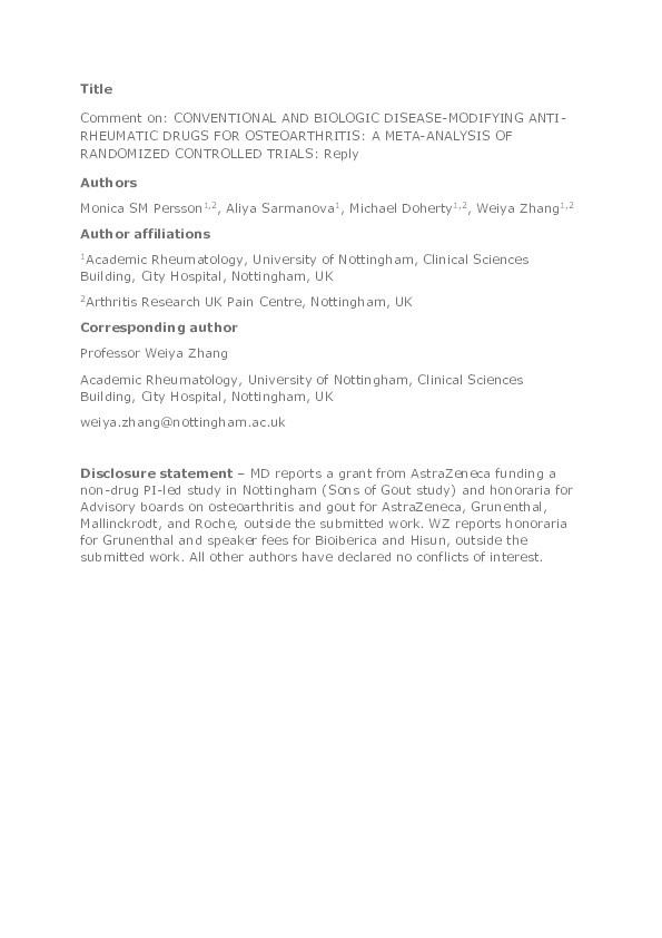 Comment on: Conventional and biologic disease-modifying anti-rheumatic drugs for osteoarthritis: a meta-analysis of randomized controlled trials: Reply Thumbnail