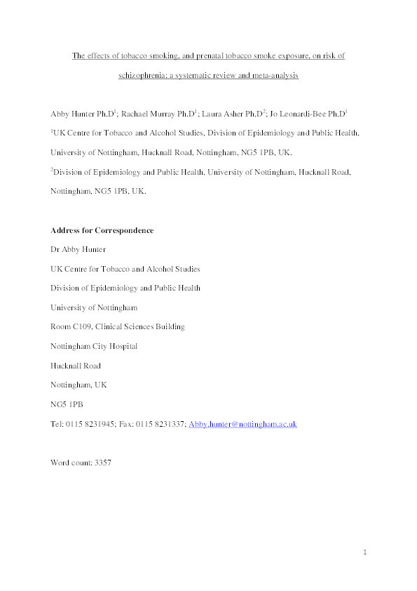 The Effects of Tobacco Smoking, and Prenatal Tobacco Smoke Exposure, on Risk of Schizophrenia: A Systematic Review and Meta-Analysis Thumbnail