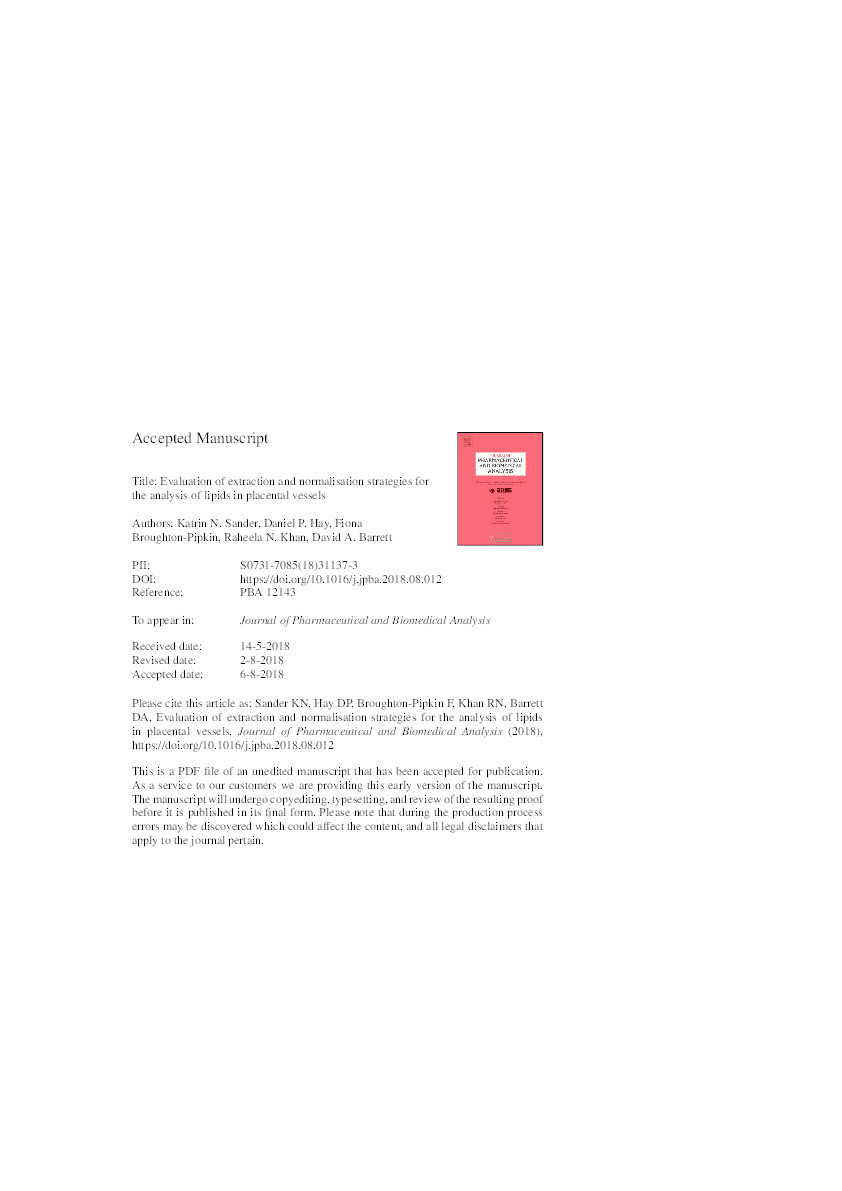 Evaluation of extraction and normalisation strategies for the analysis of lipids in placental vessels Thumbnail