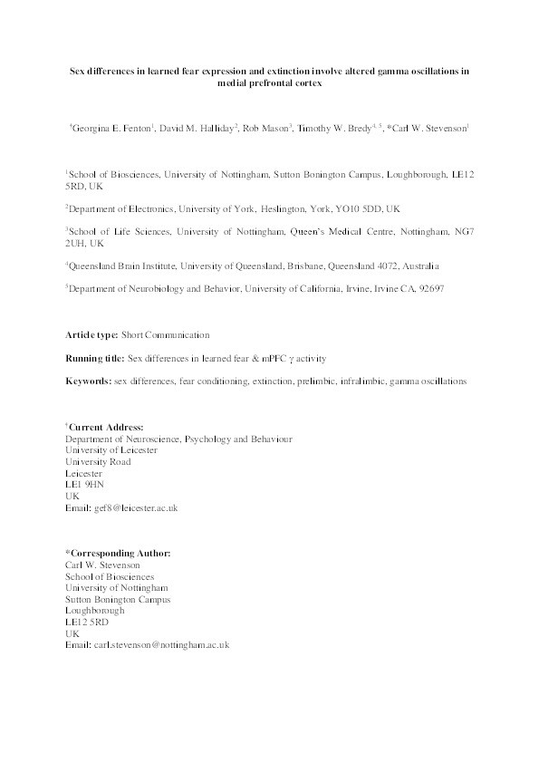 Sex differences in learned fear expression and extinction involve altered gamma oscillations in medial prefrontal cortex Thumbnail