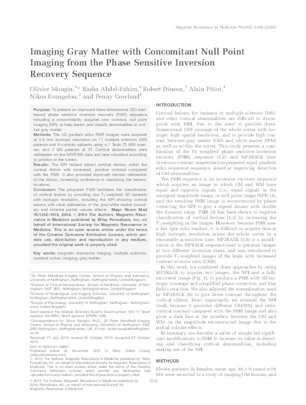 Imaging gray matter with concomitant null point imaging from the phase sensitive inversion recovery sequence Thumbnail