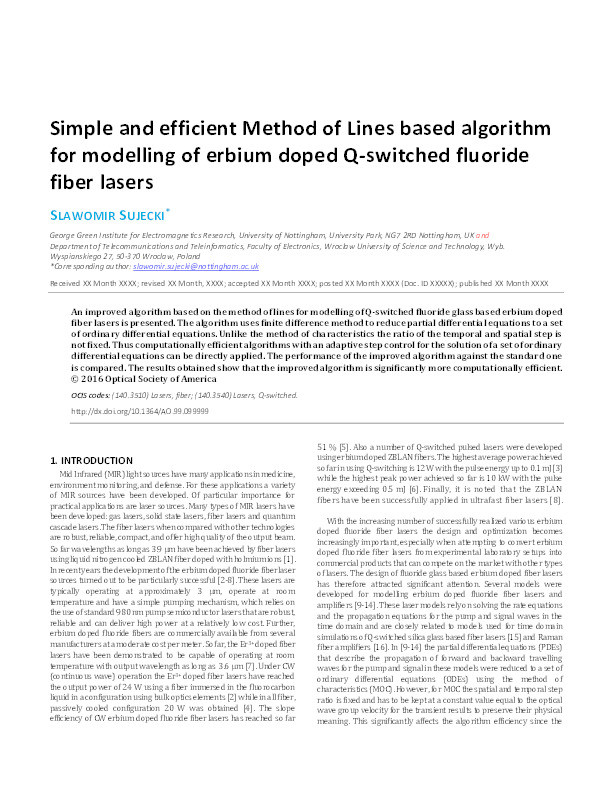 Simple and efficient method of lines based algorithm for modelling of erbium doped Q-switched fluoride fiber lasers Thumbnail