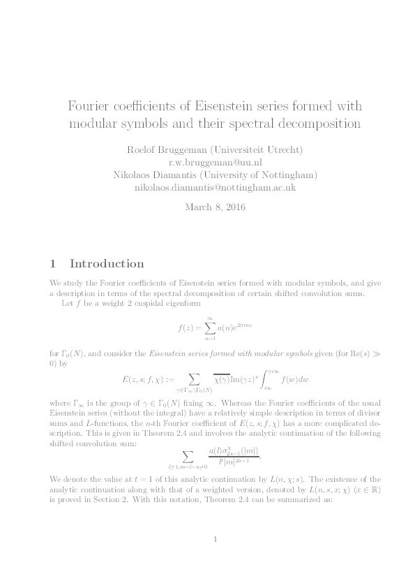 Fourier coefficients of Eisenstein series formed with modular symbols and their spectral decomposition Thumbnail