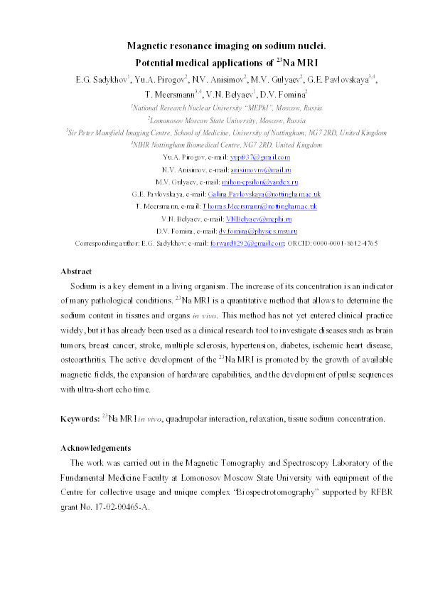 Magnetic resonance imaging on sodium nuclei: potential medical applications of 23Na MRI Thumbnail